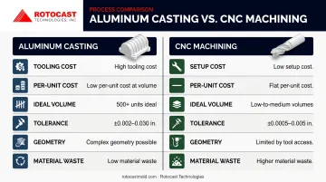 Aluminum casting versus CNC machining key factors side-by-side comparison infographic