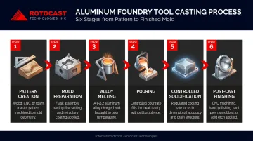 Six-stage aluminum foundry tool casting process flow from pattern to finishing