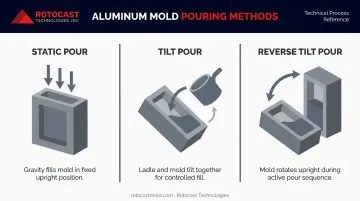 Three permanent mold casting pour methods static tilt and reverse tilt process diagram