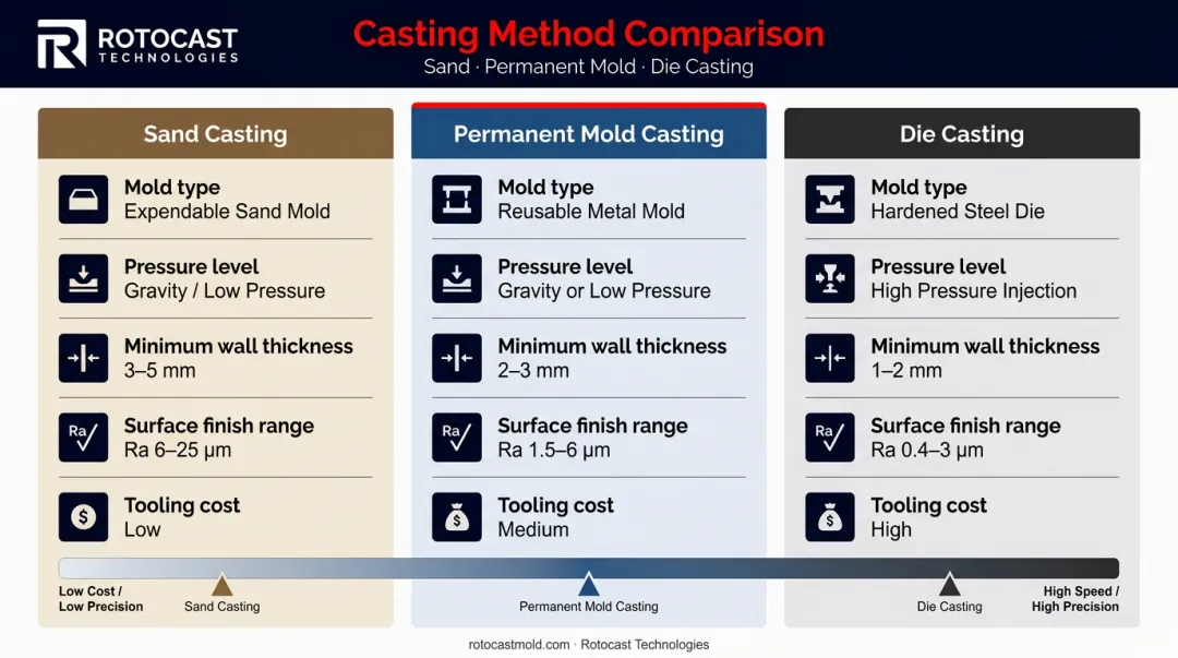 Sand casting versus permanent mold versus die casting process comparison infographic