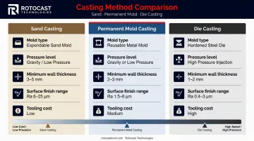 Sand casting versus permanent mold versus die casting process comparison infographic