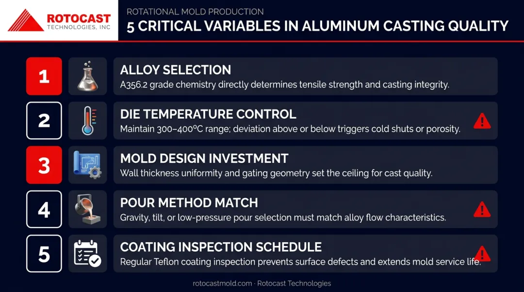 Five key factors affecting permanent mold casting quality and outcomes checklist infographic