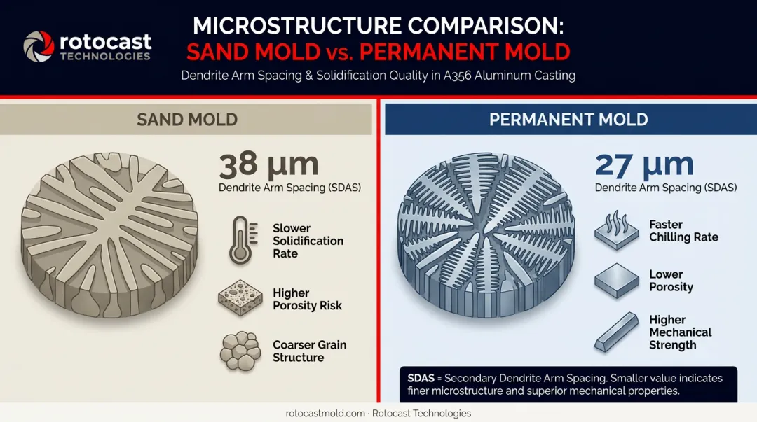 Sand mold versus permanent mold grain structure SDAS microstructure comparison infographic