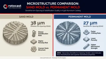 Sand mold versus permanent mold grain structure SDAS microstructure comparison infographic
