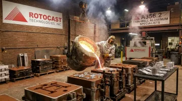 Rotocast Technologies foundry floor showing sand casting operations and aluminum pour process