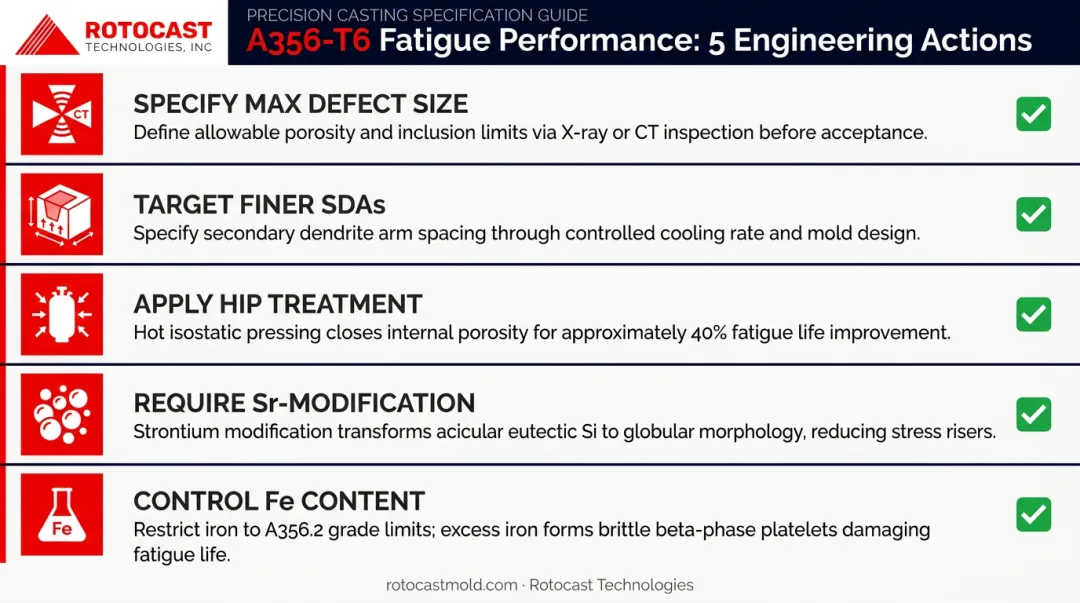 Five engineering levers for improving A356-T6 casting fatigue resistance checklist infographic