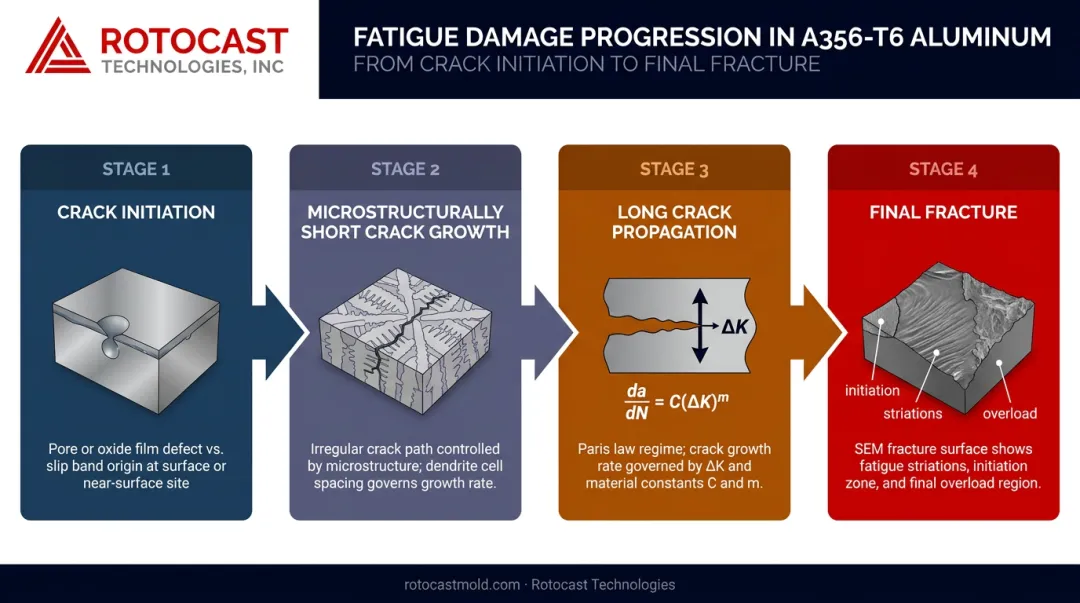 Four-stage A356-T6 fatigue damage progression from crack initiation to final fracture