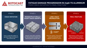 Four-stage A356-T6 fatigue damage progression from crack initiation to final fracture