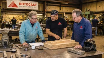 Rotocast Technologies foundry team reviewing sand casting pattern tooling with customer