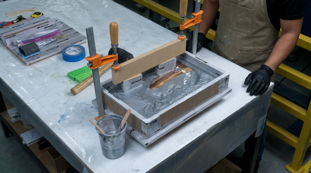 Aluminum-filled urethane resin being poured into vacuum forming mold pattern