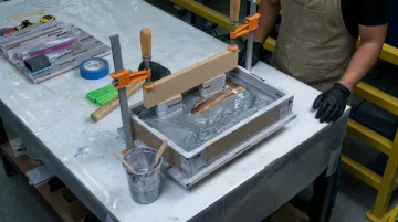 Aluminum-filled urethane resin being poured into vacuum forming mold pattern