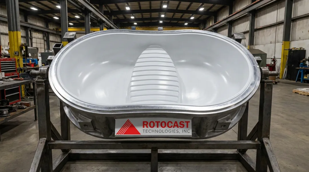 Aluminum rotational mold with Teflon coating applied showing finished interior surface