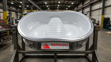 Aluminum rotational mold with Teflon coating applied showing finished interior surface