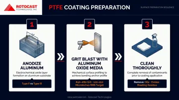 Three-step anodized aluminum PTFE coating surface preparation process flow infographic