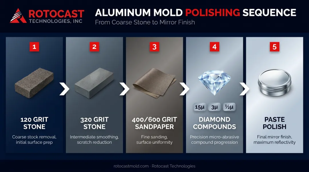 Complete aluminum mold polishing sequence from coarse stone through diamond compound stages