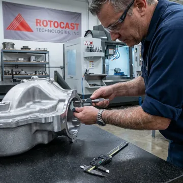 Precision aluminum casting being inspected in foundry