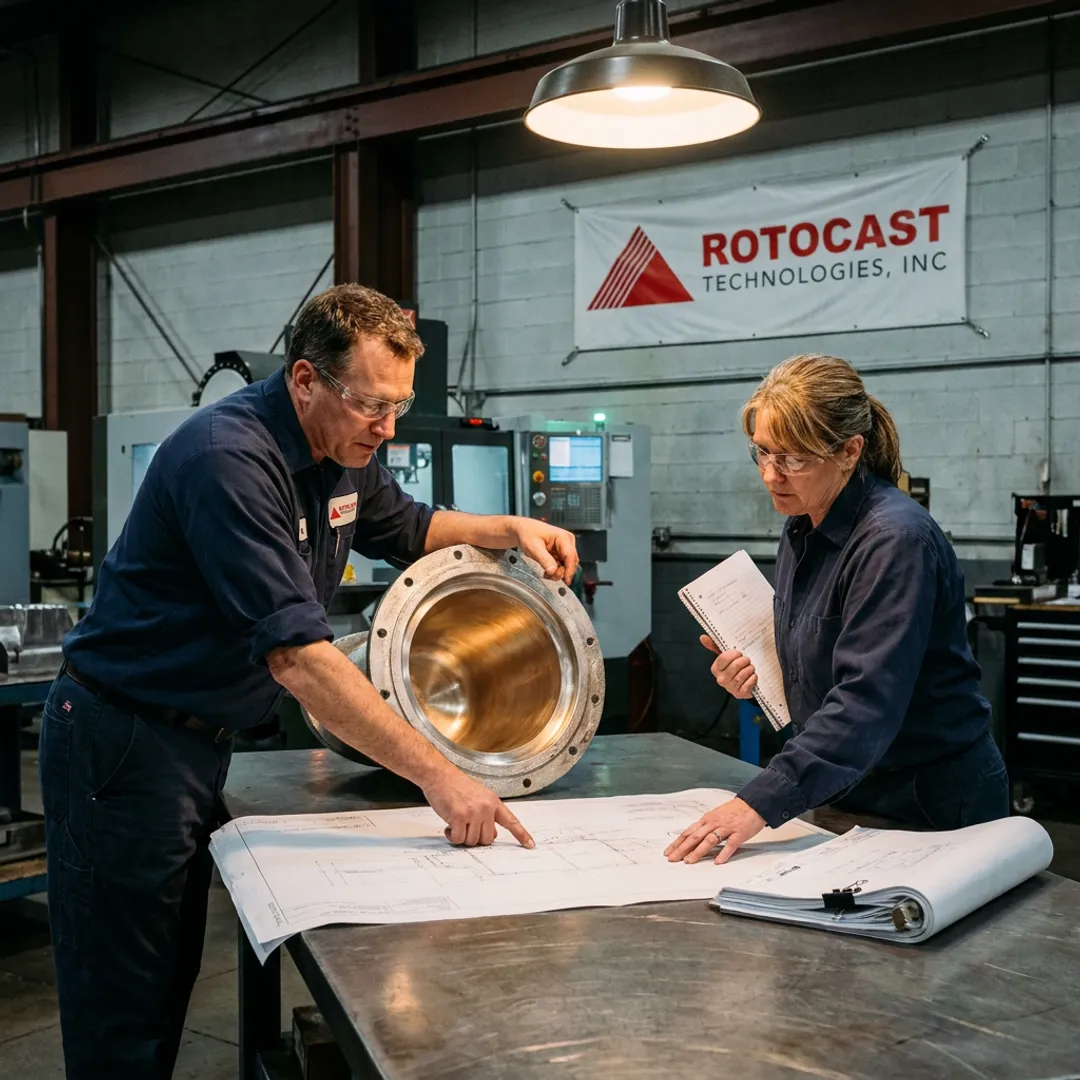 Engineers reviewing custom water tank mold design