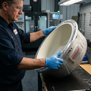 Technician inspecting coated aluminum mold