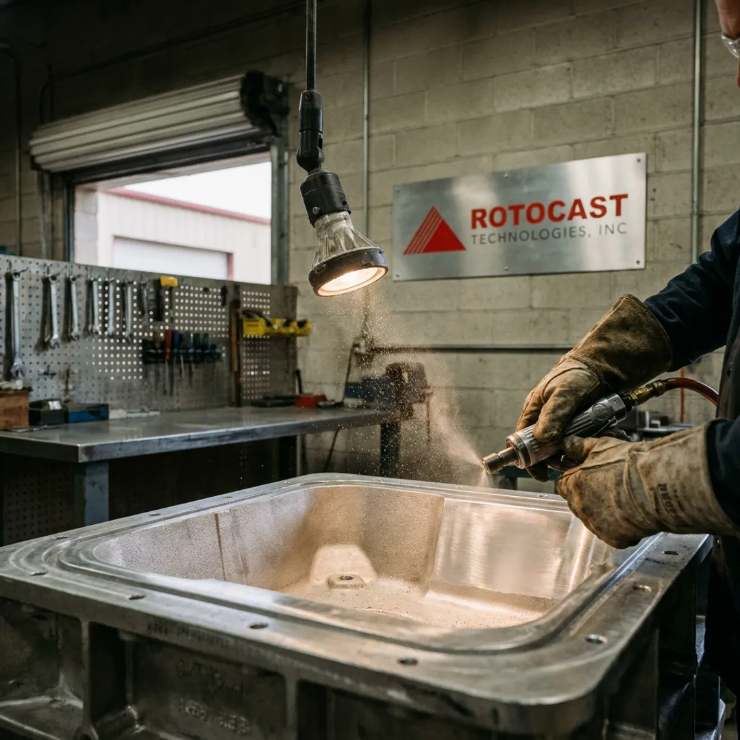 Technician restoring rotational mold surface