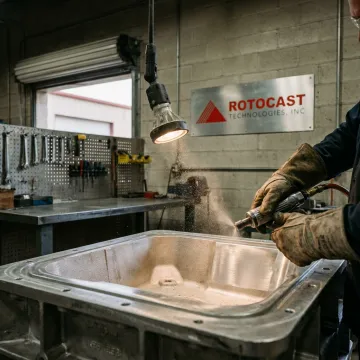 Technician restoring rotational mold surface