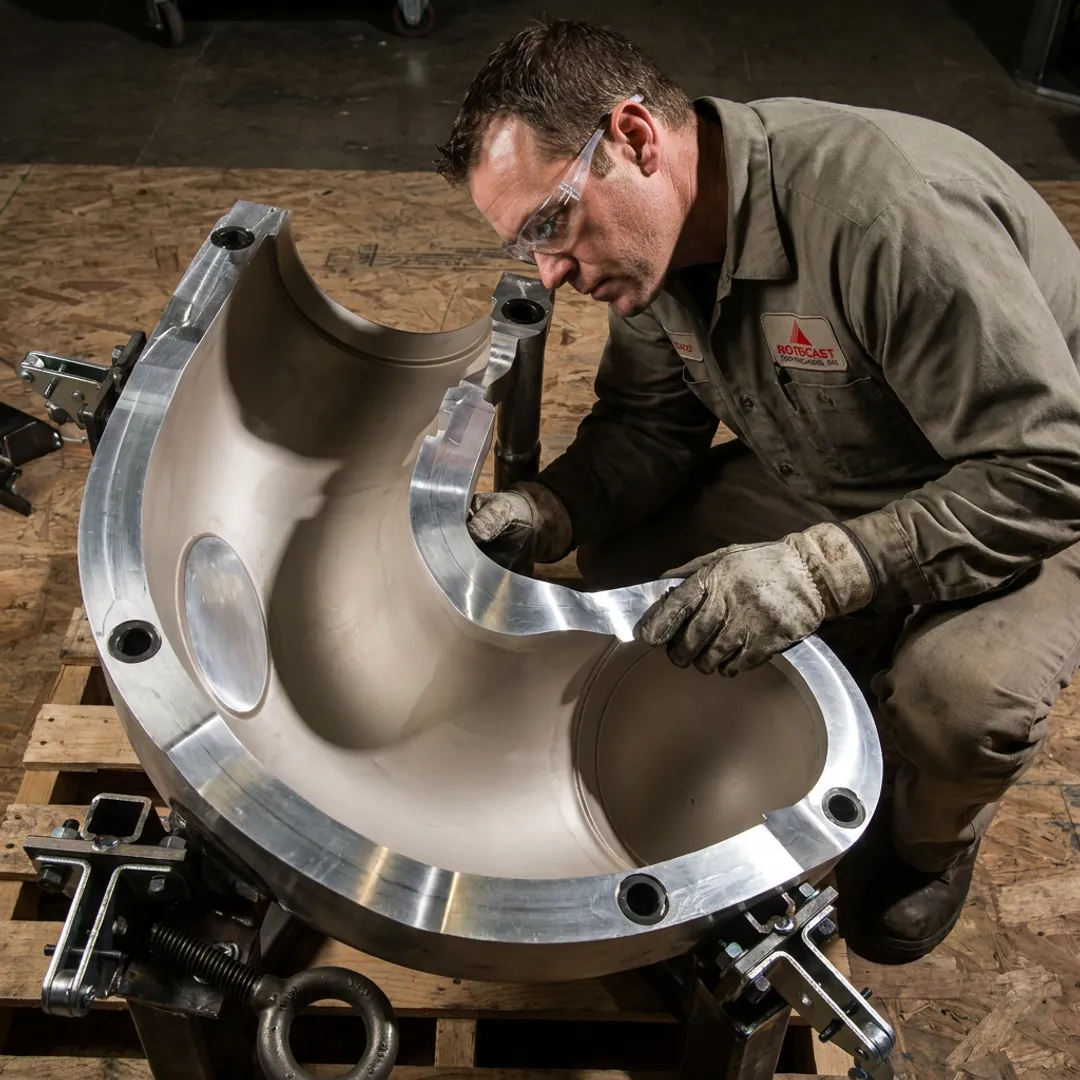 Technician inspecting aluminum mold surface