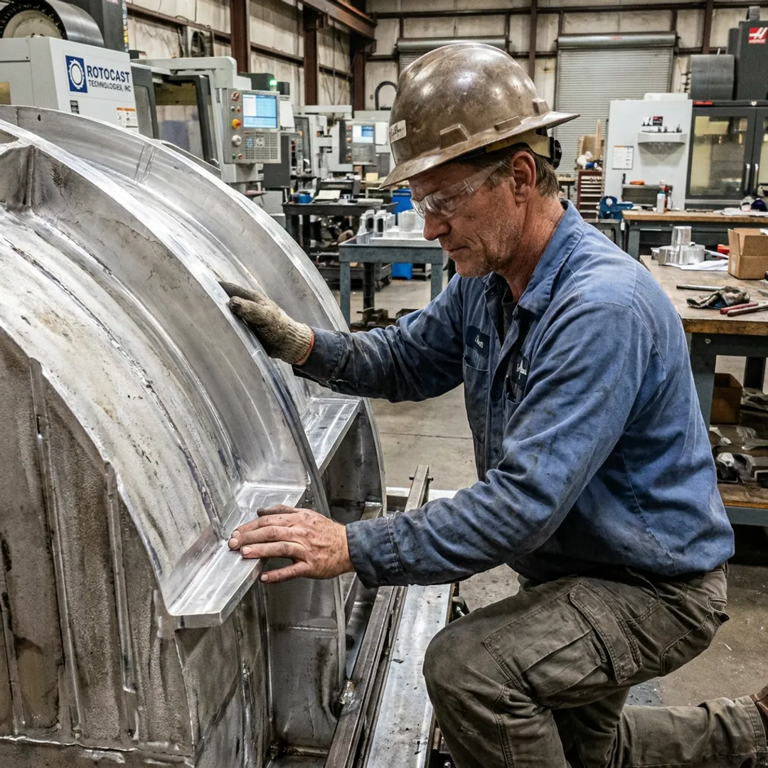Technician inspecting industrial mold tooling