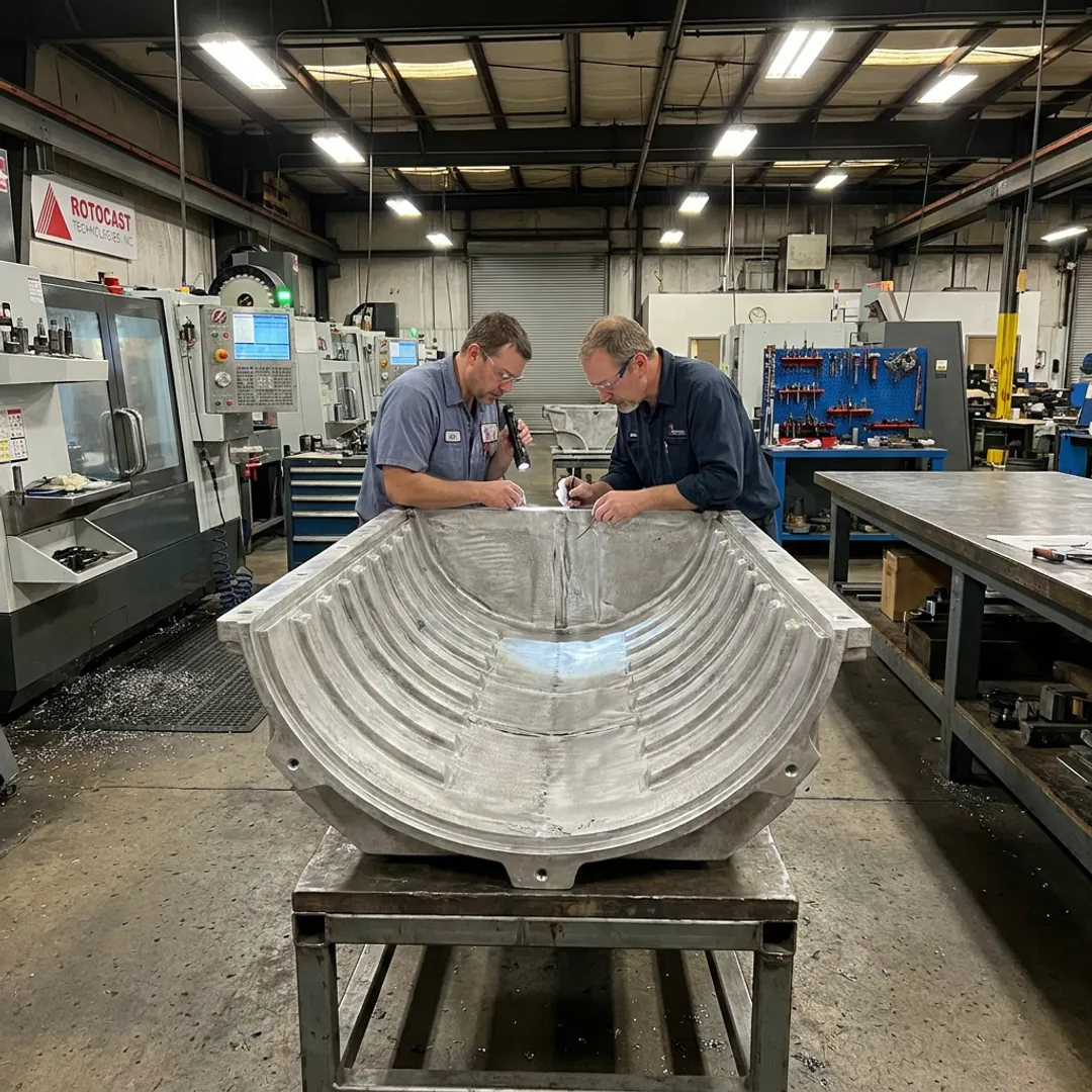 Cast aluminum mold being inspected in manufacturing facility