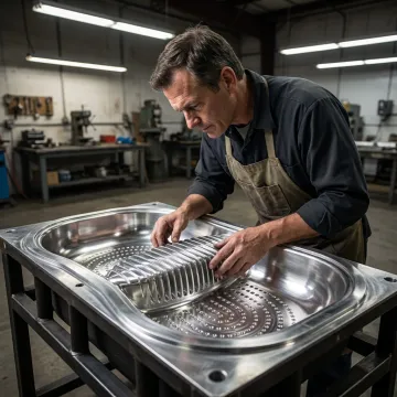 Technician inspecting aluminum mold surface