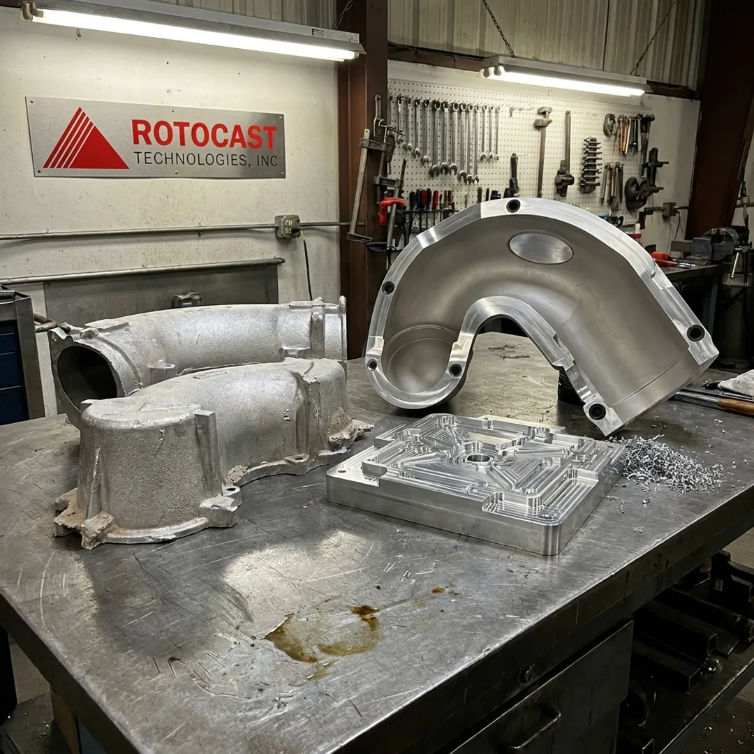 Precision aluminum cast components and tooling on foundry workbench