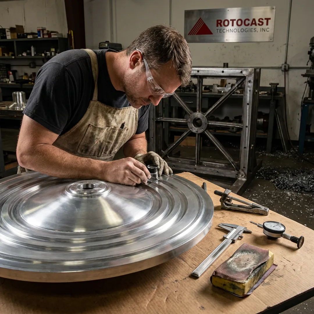 Technician inspecting an aluminum rotational mold