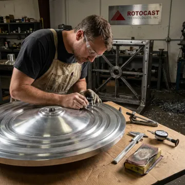 Technician inspecting an aluminum rotational mold