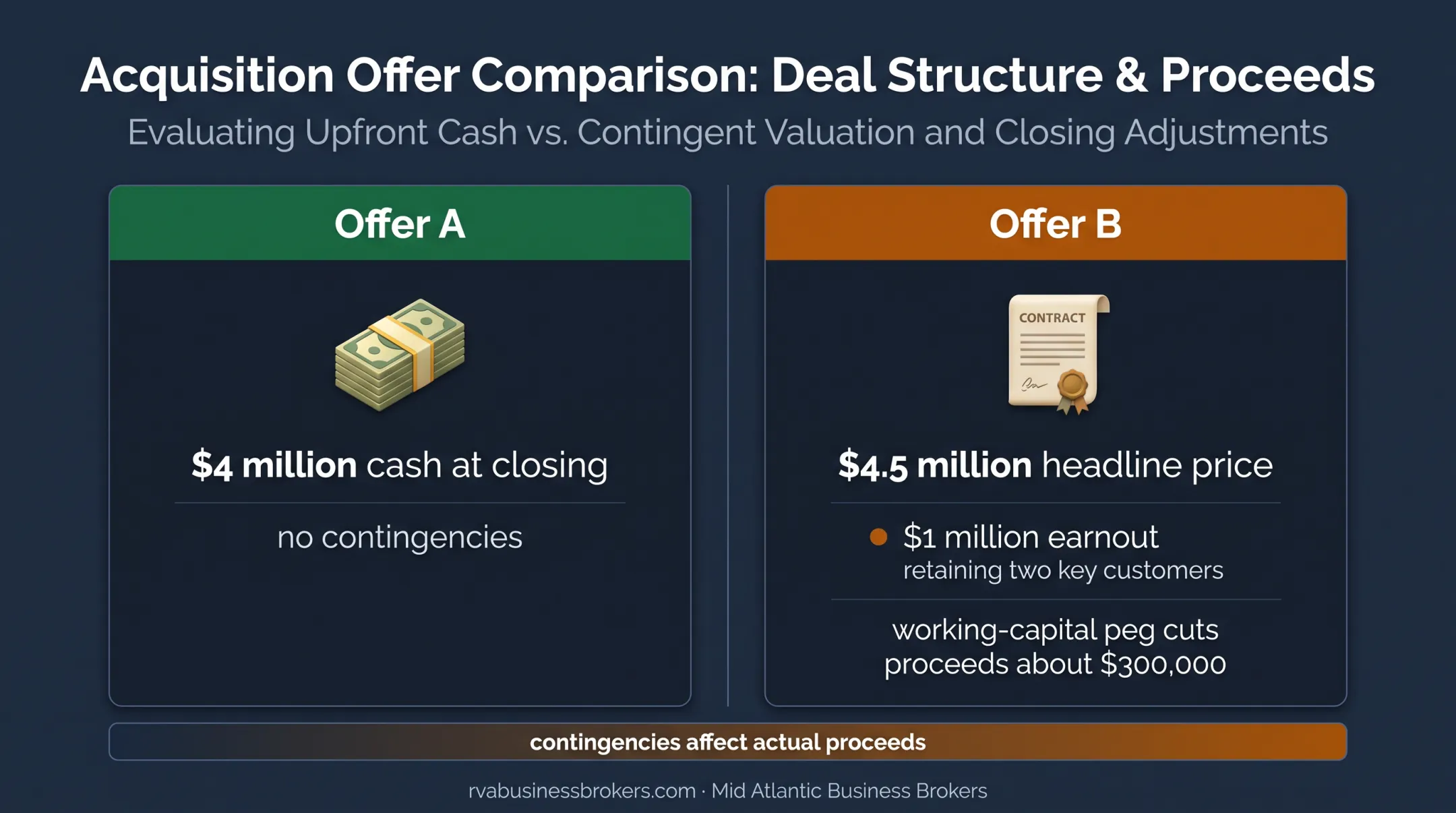 Electrical business sale offer comparison showing cash and earnout risk