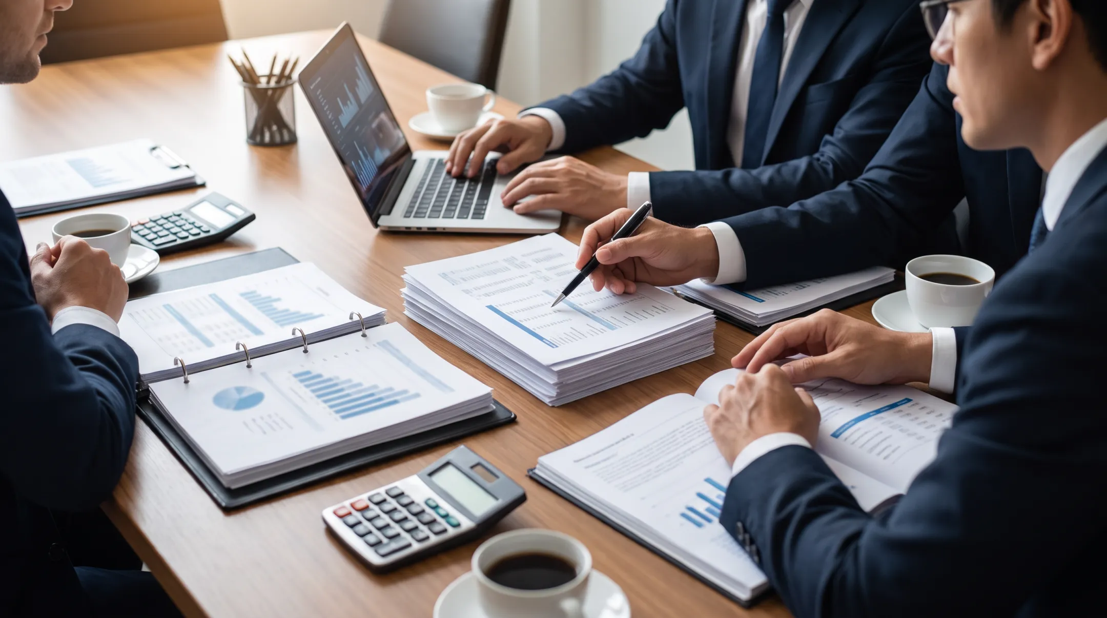 Business valuation professionals analyzing company financial performance and market value