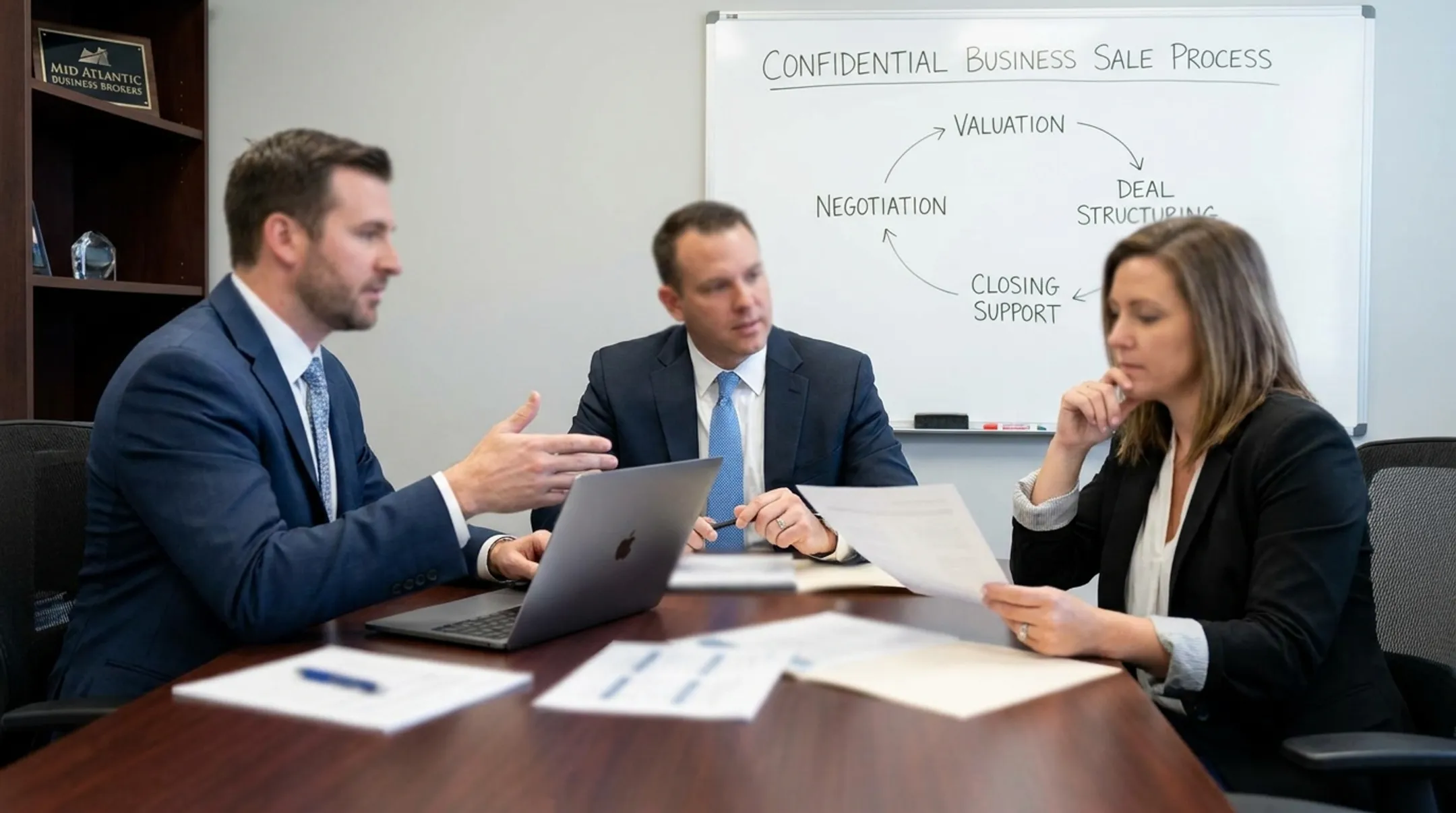 Business brokers reviewing confidential sale documents with business owner