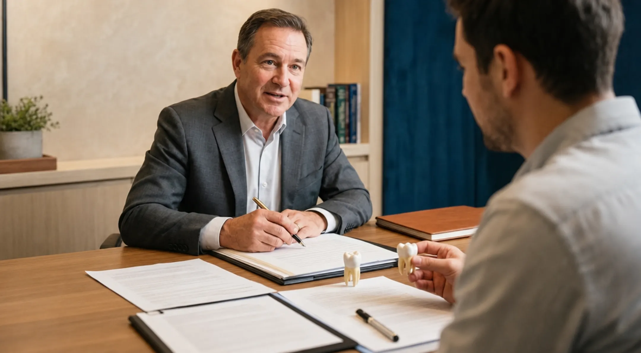 Dental practice owner reviewing sale documents with professional advisers