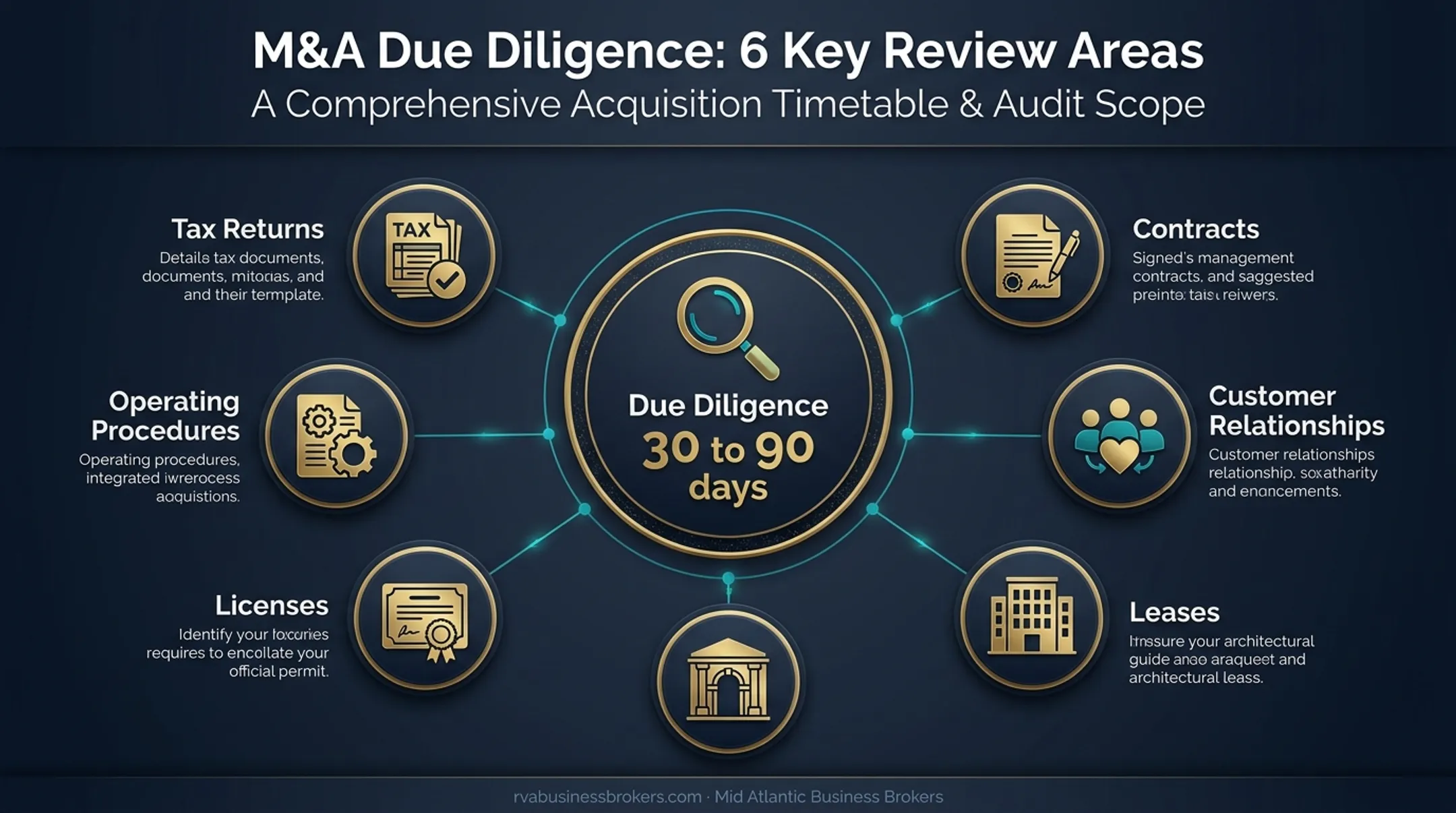 Business sale due diligence timeline and review areas infographic