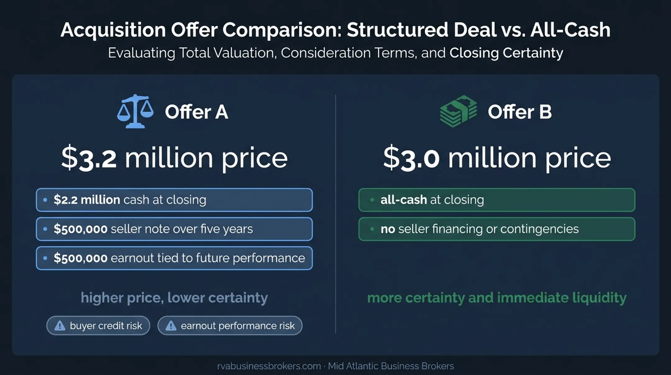 Offer A versus Offer B business sale price certainty and liquidity comparison