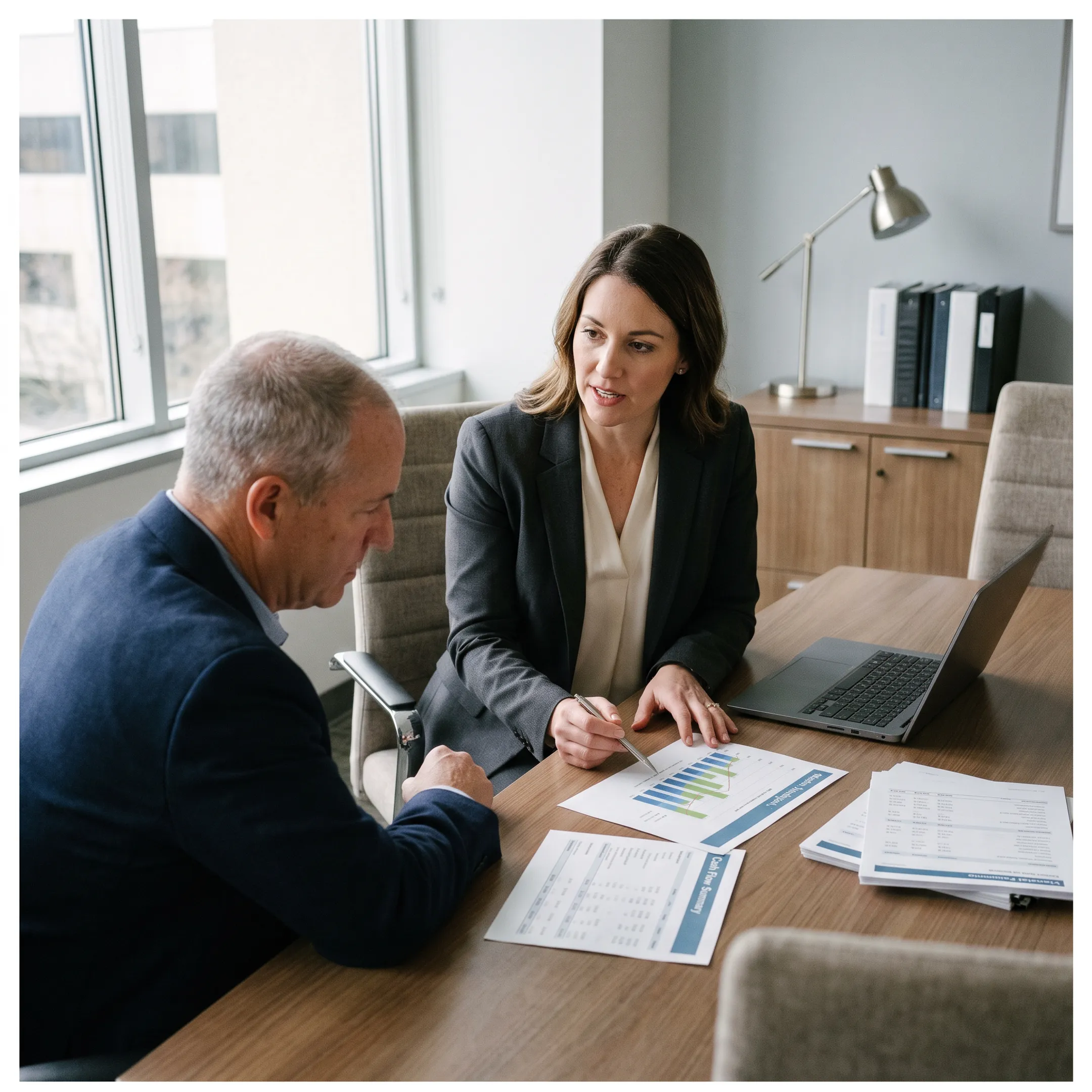 Advisor reviewing healthcare business financial documents with a business owner