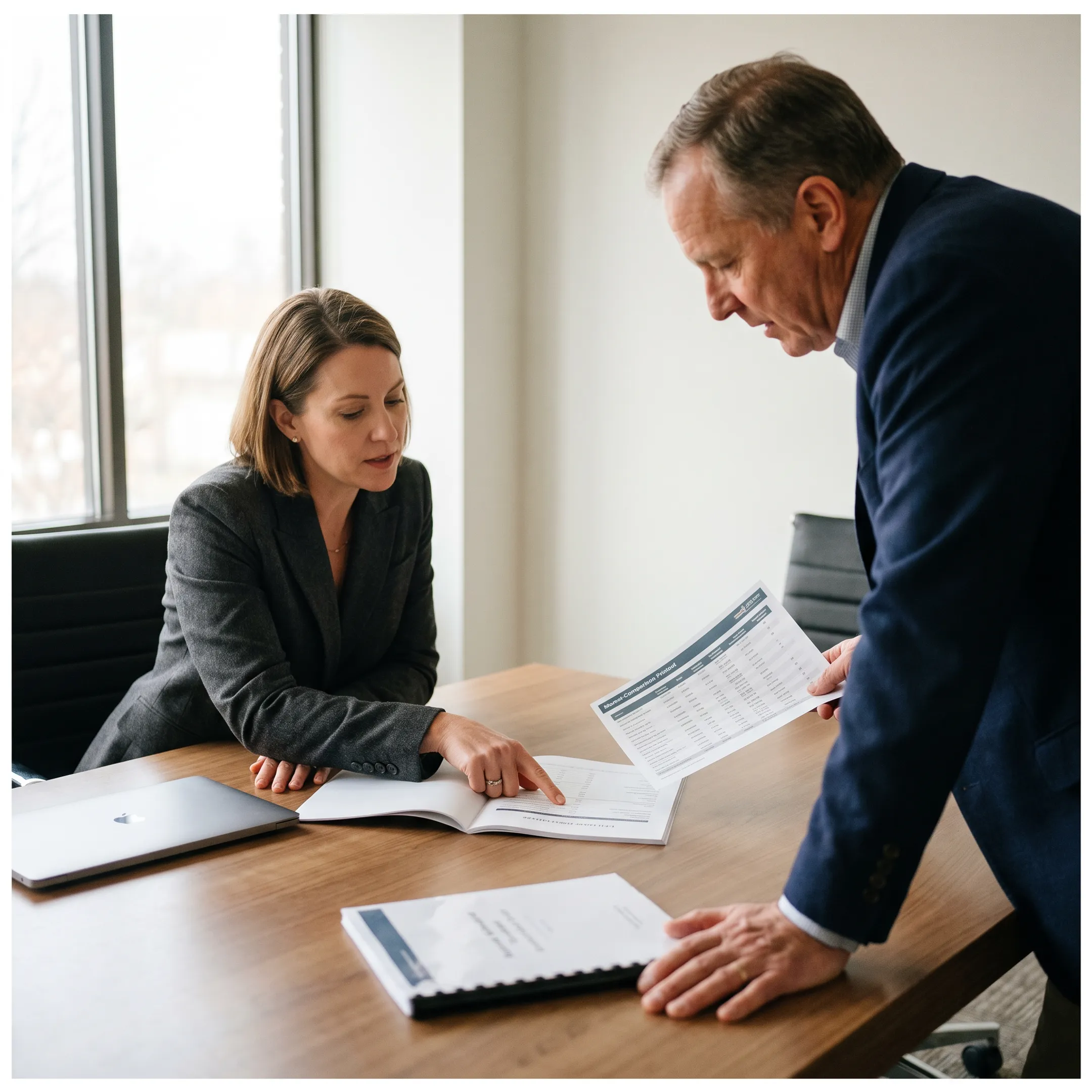 Business advisor presenting a healthcare valuation report to an owner