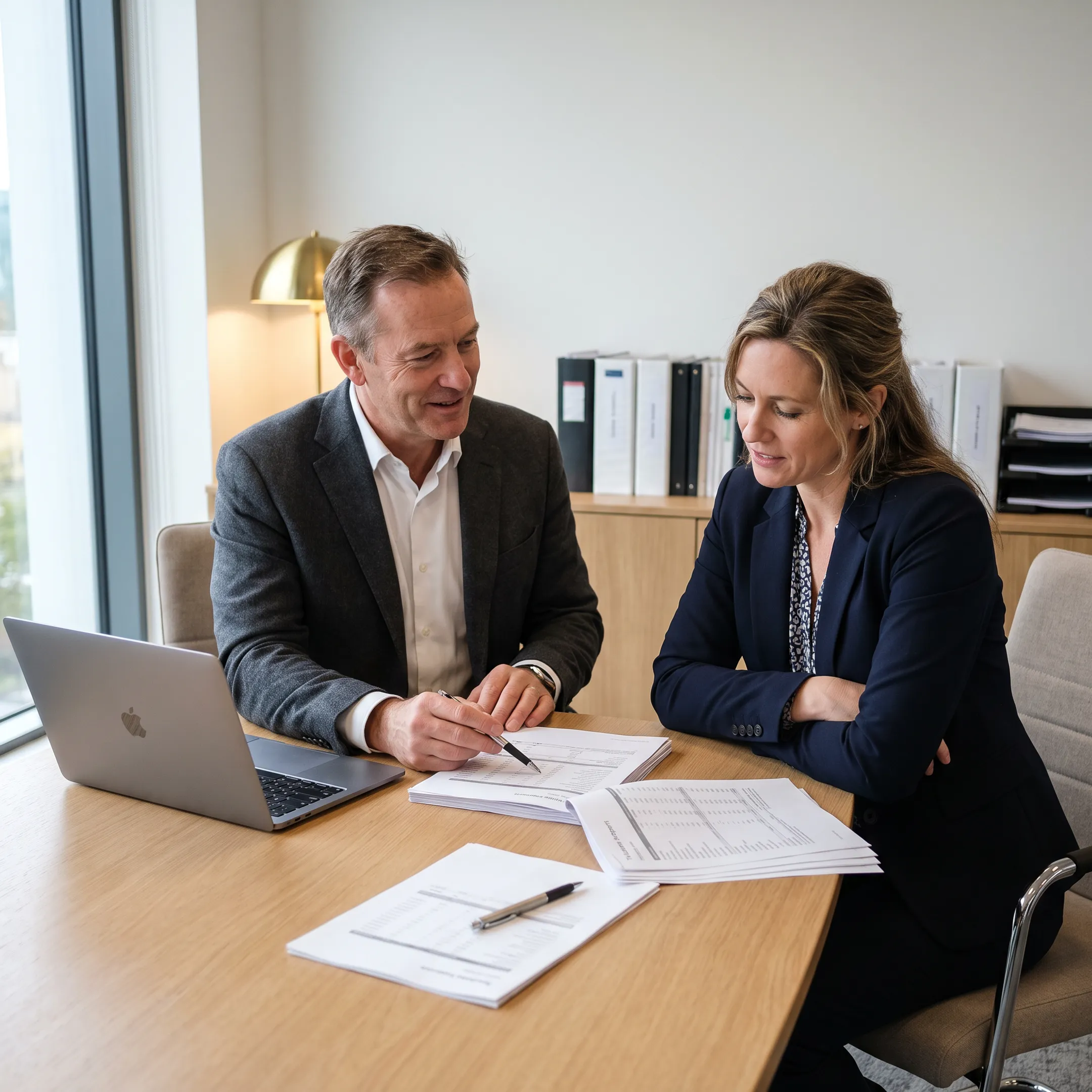 Business broker reviewing laundromat financial documents with an owner
