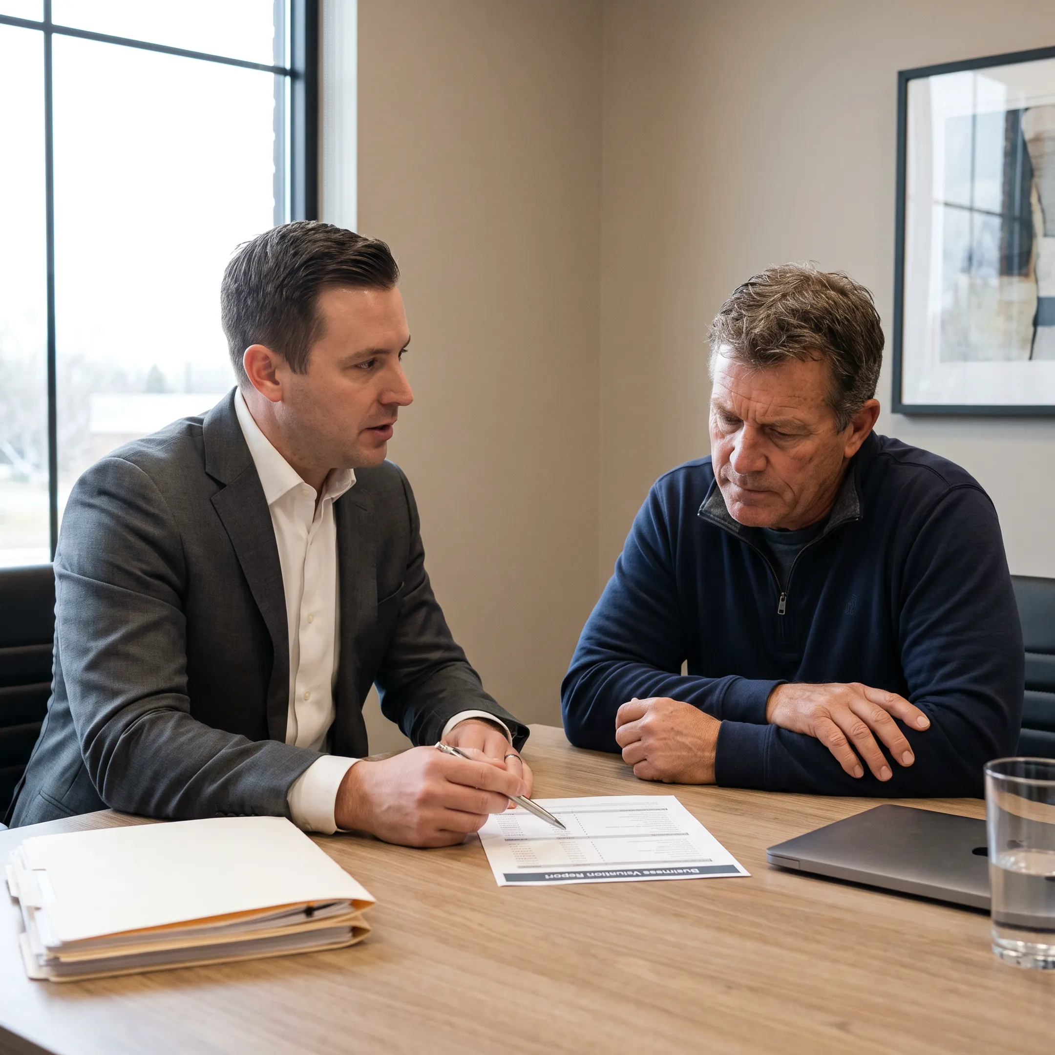 Business broker reviewing landscaping company financial documents with an owner