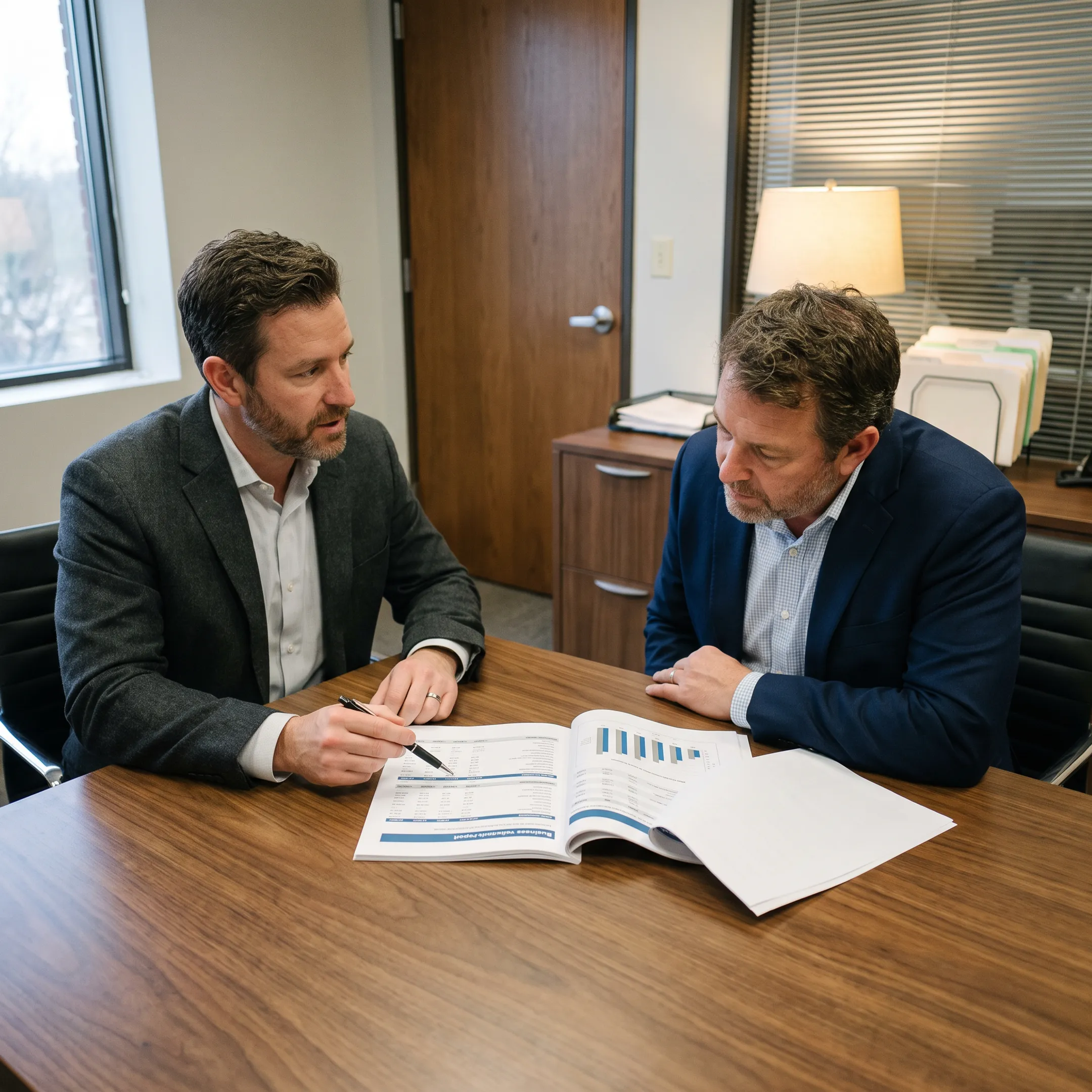 Business advisor meeting with funeral home owner about a confidential sale