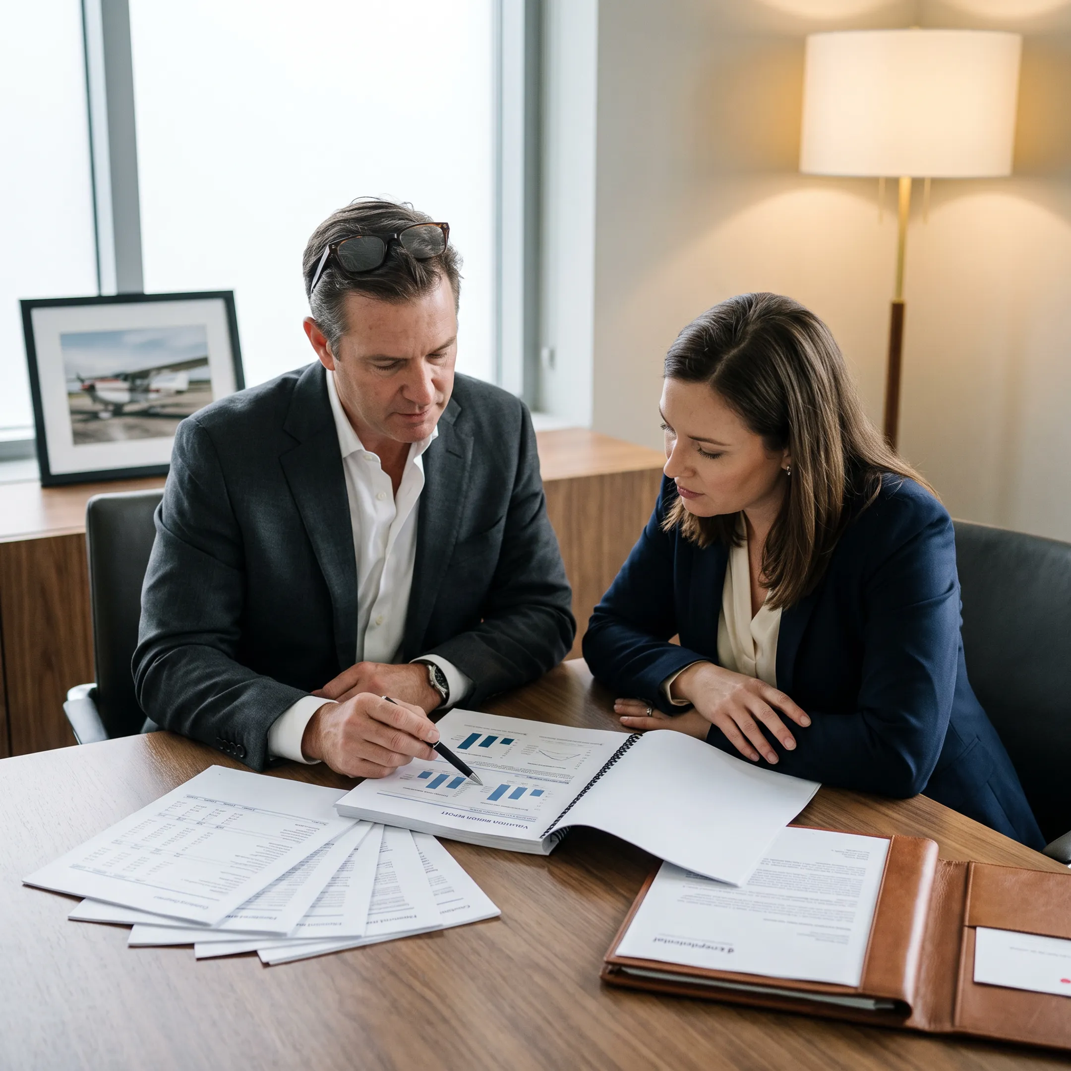 Business broker reviewing aviation acquisition documents with an aircraft owner