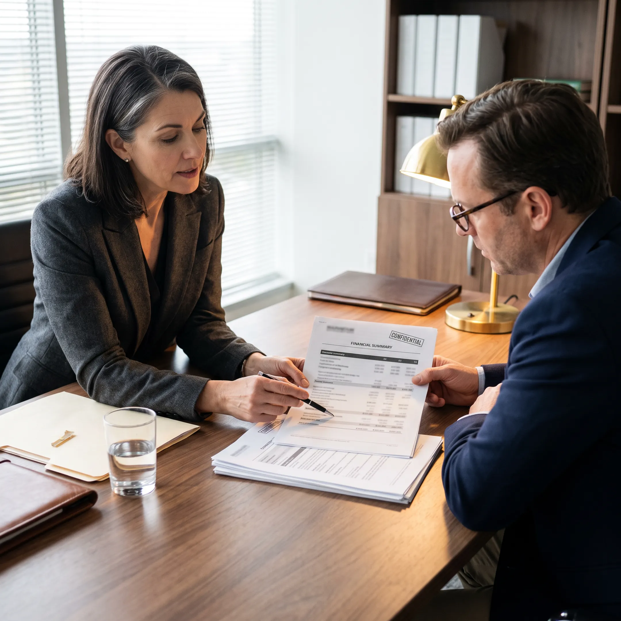 Advisor reviewing dermatology practice sale documents with a physician owner