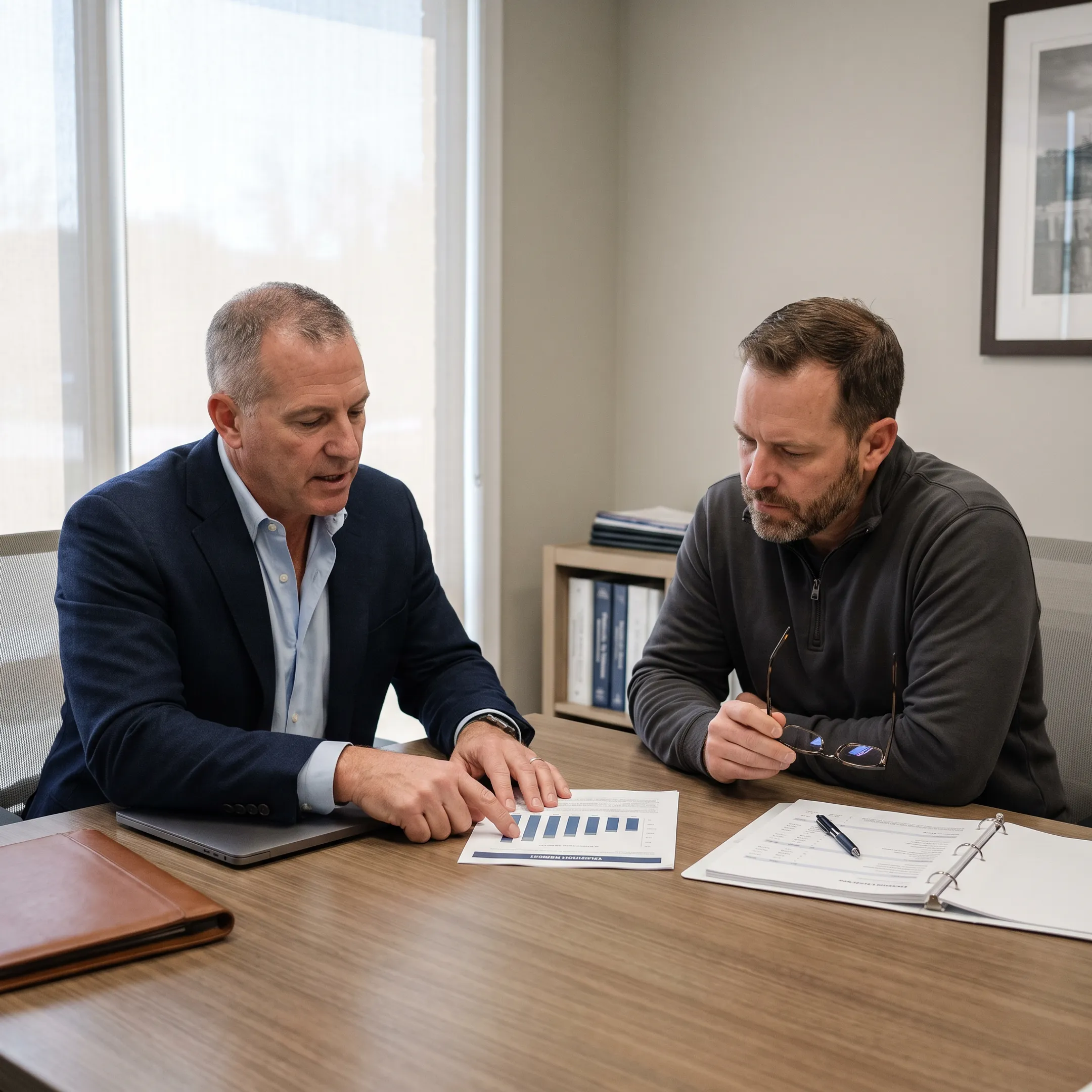 Business broker reviewing liquor and wine store financial documents with an owner