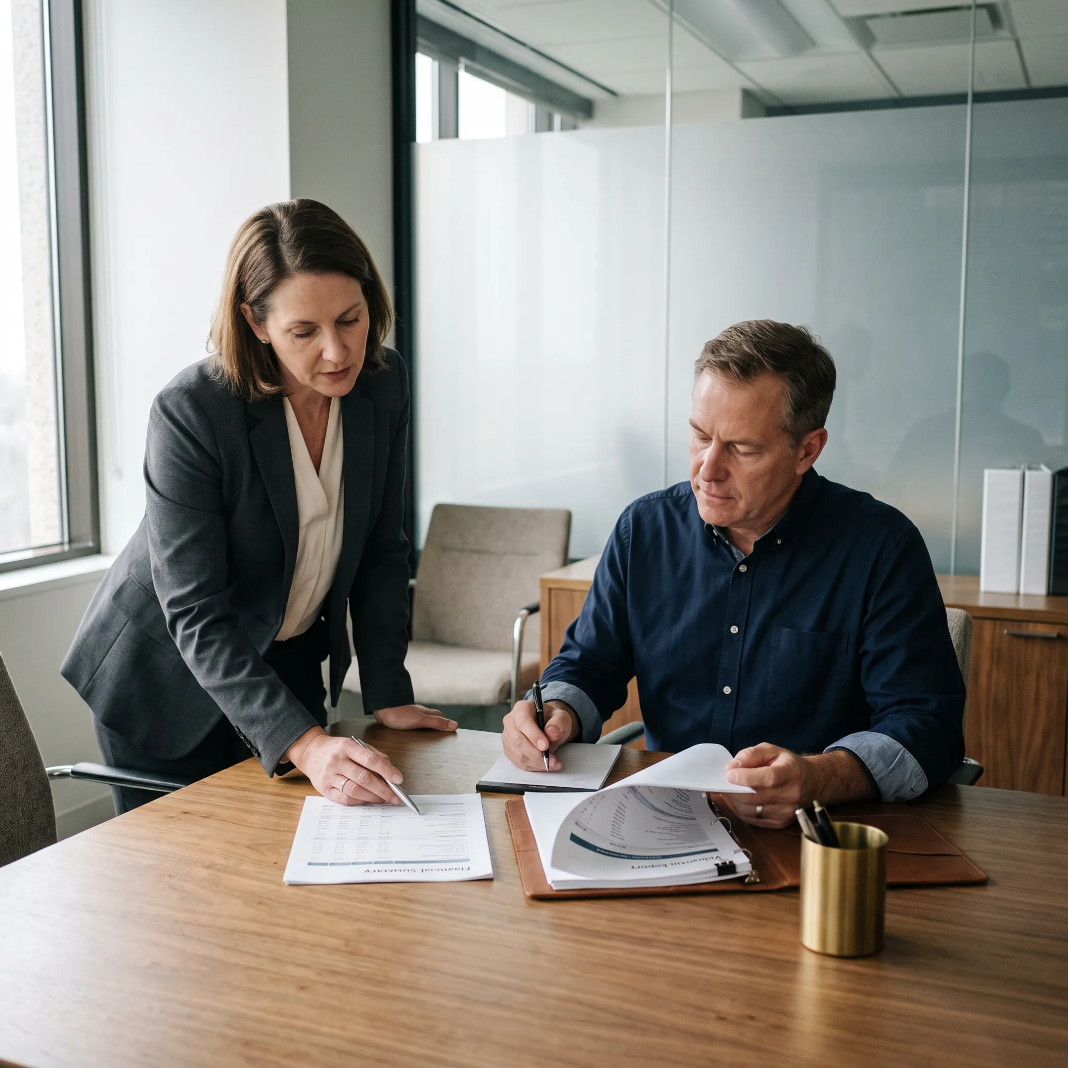 Business broker reviewing acquisition documents with a client