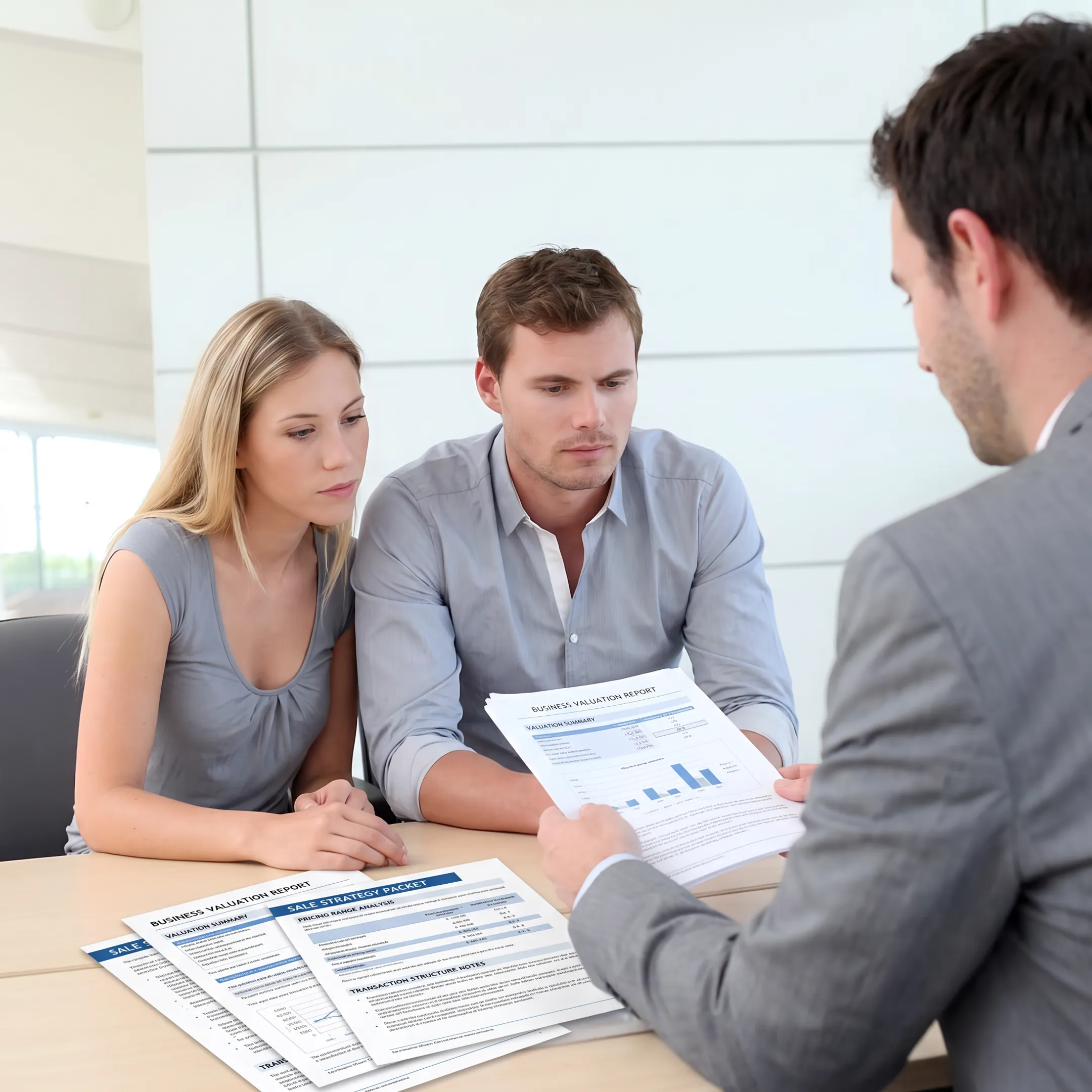 Business broker presenting a valuation analysis to a business owner
