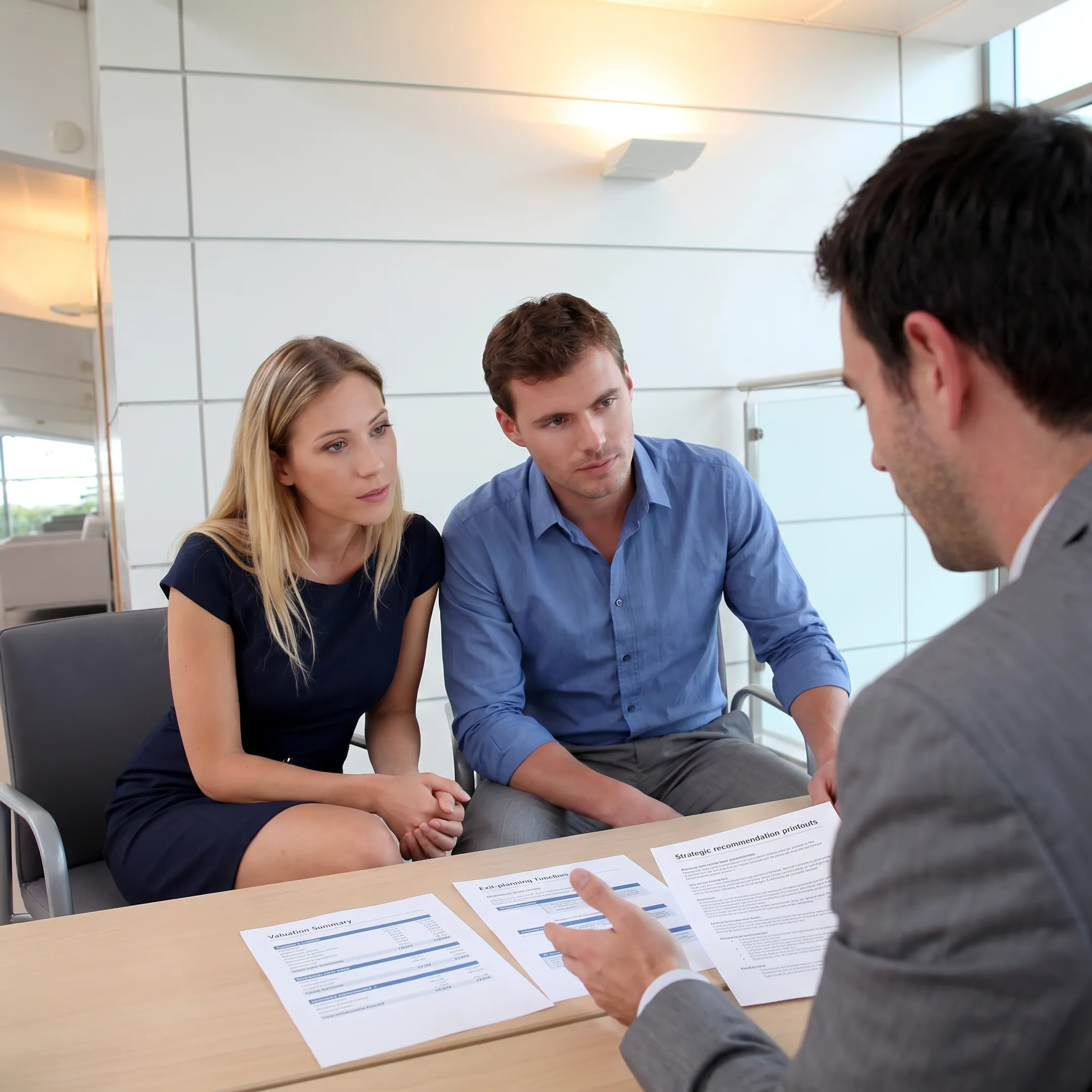 Advisor presenting business valuation findings to an owner