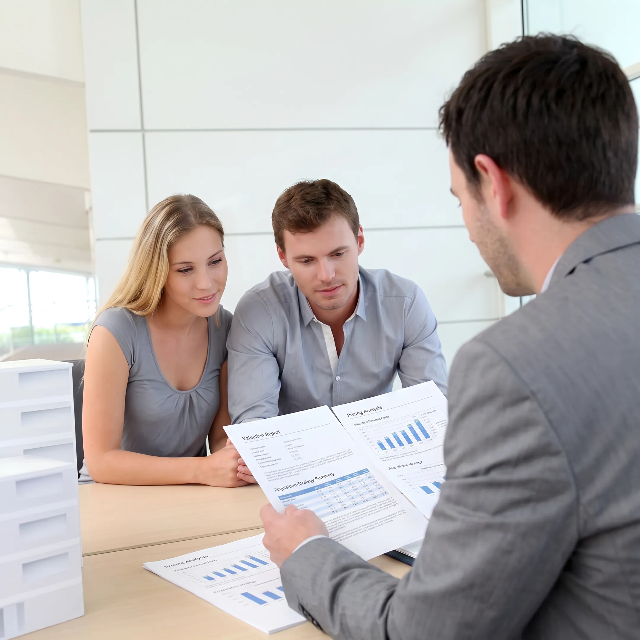 Business advisers discussing valuation reports and acquisition strategy with a company owner