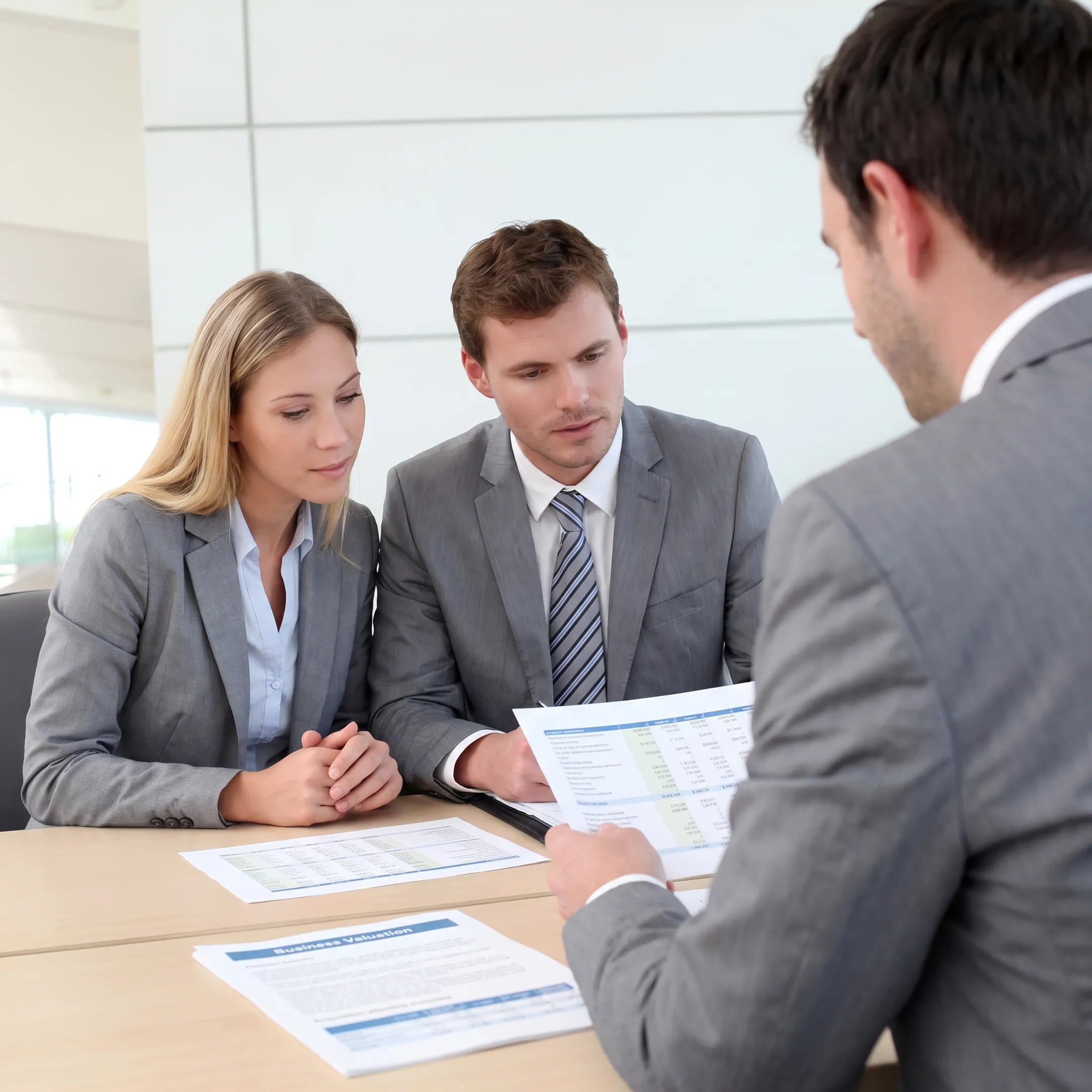 Business advisors reviewing acquisition documents during an M&A consultation